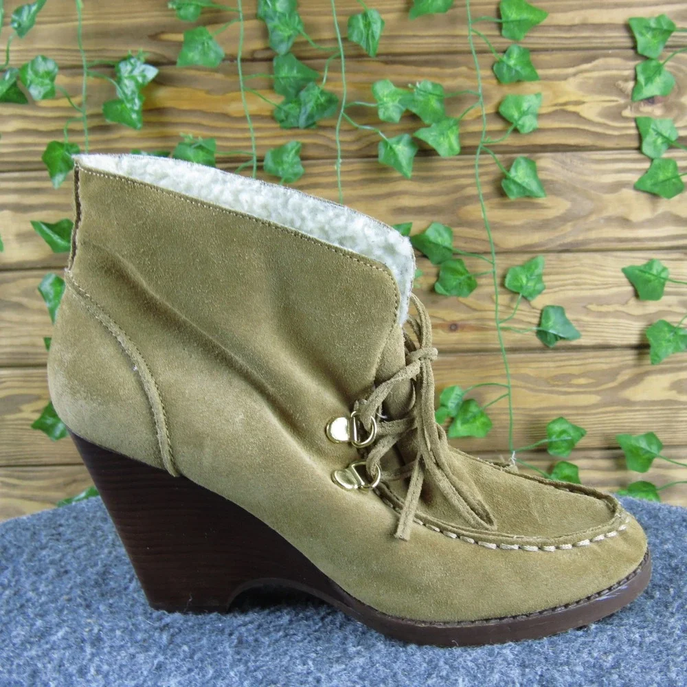 Michael Kors Women 6 Tan Suede Wedge Booties Shearling Lined Lace-Up Ankle Boots
